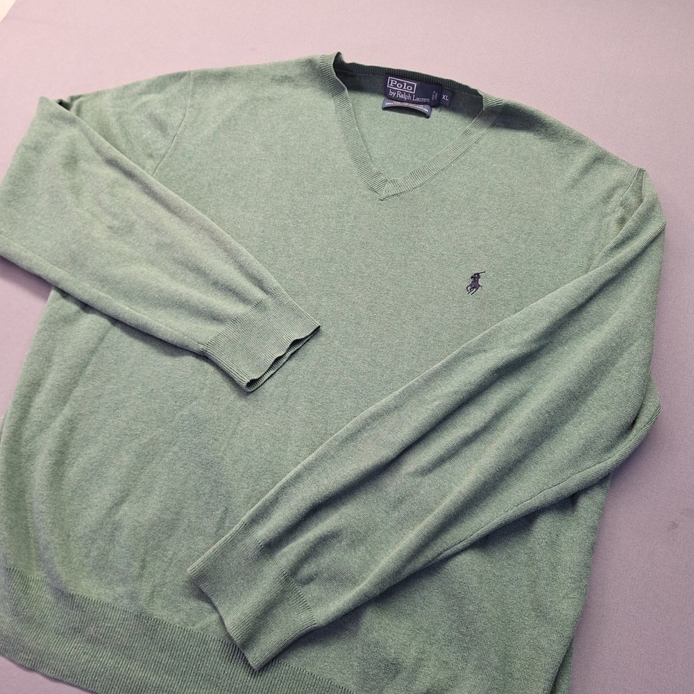 Polo Ralph Lauren Mens XL Green Pima Cotton V-Neck Pony Logo Sweater Heathered